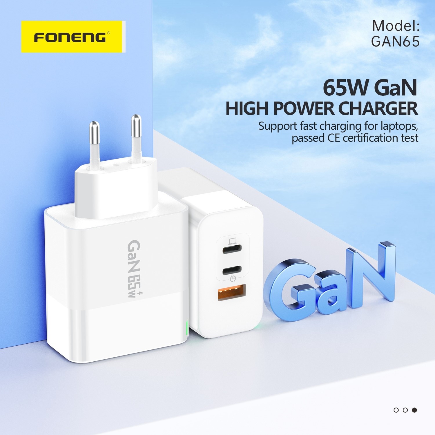 Incarcator Retea Foneng GAN65 USB+2X TIP C-PD 65W 3A Tip C cu Tip C - 3 | YEO